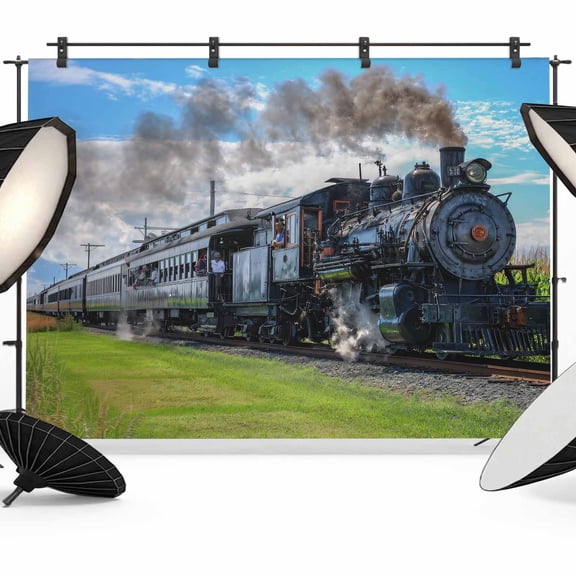 7x5ft Photo Backdrop, Watercolor Trains Soft Polyester Backdrop Curtains Photography Backdrops, Modern Nature Landscape Blue Green Brushed Background for Photoshoots Studio Video Portrait Parties