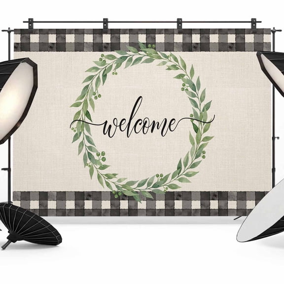 7x5ft Photo Backdrop, Welcome Soft Polyester Backdrop Curtains Photography Backdrops, Spring Summer Green Leaves Rings Vintage Checkered Brushed Background for Photoshoots Studio Video Portrait Party
