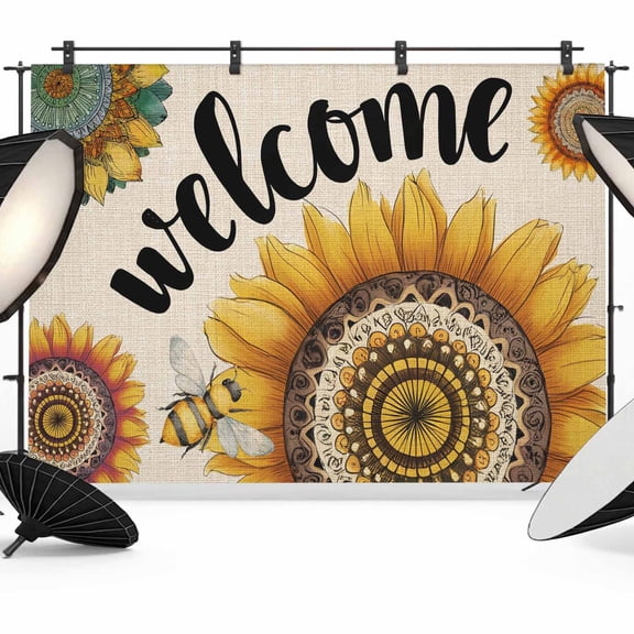 7x5ft Photo Backdrop, Welcome Soft Polyester Backdrop Curtains Photography Backdrops, Summer Sunflowers Bohemia Floral Rustic Beige Brushed Background for Photoshoots Studio Video Portrait Parties
