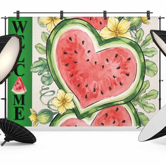 7x5ft Photo Backdrop, Welcome Summer Watermelon Soft Polyester Backdrop Curtains Photography Backdrops, Love Heart Fruits Flowers Leaves Brushed Background for Photoshoots Studio Video Portrait Party
