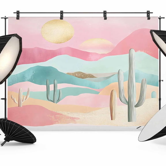 7x5ft Photo Backdrop, Western Boho Soft Polyester Backdrop Curtains Photography Backdrops, Cactus Pink Green Nature Mountains Brushed Background for Photoshoots Studio Video Portrait Parties