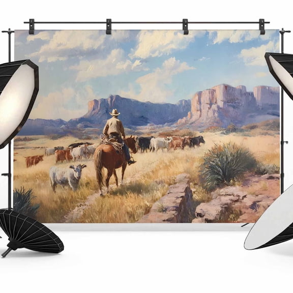 7x5ft Photo Backdrop, Western Cowboys Soft Polyester Backdrop Curtains Photography Backdrops, Farmhouse Cow Mountain Nature Scenery Brushed Background for Photoshoots Studio Video Portrait Parties