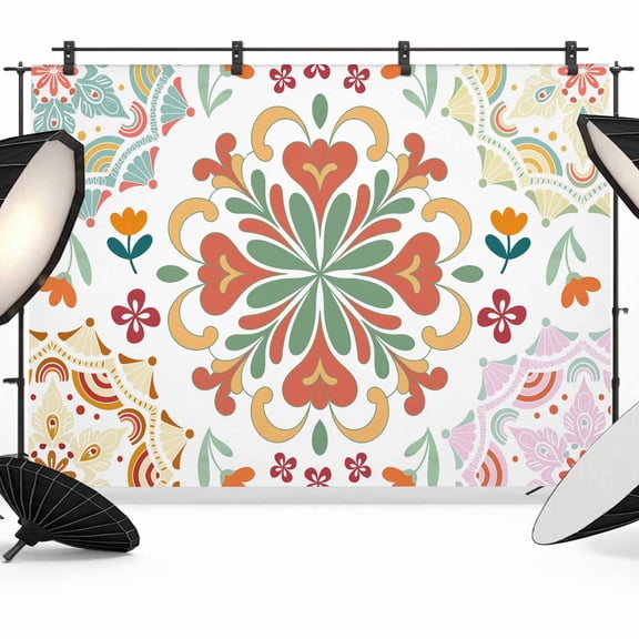 7x5ft Photo Backdrop, White Boho Soft Polyester Backdrop Curtains Photography Backdrops, Retro Ethnic Colorful Flower Aesthetic Art Brushed Background for Photoshoots Studio Video Portrait Parties