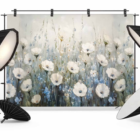 7x5ft Photo Backdrop, White Floral Soft Polyester Backdrop Curtains Photography Backdrops, Modern Farmhouse Oil Painting Plants Brushed Background for Photoshoots Studio Video Portrait Parties