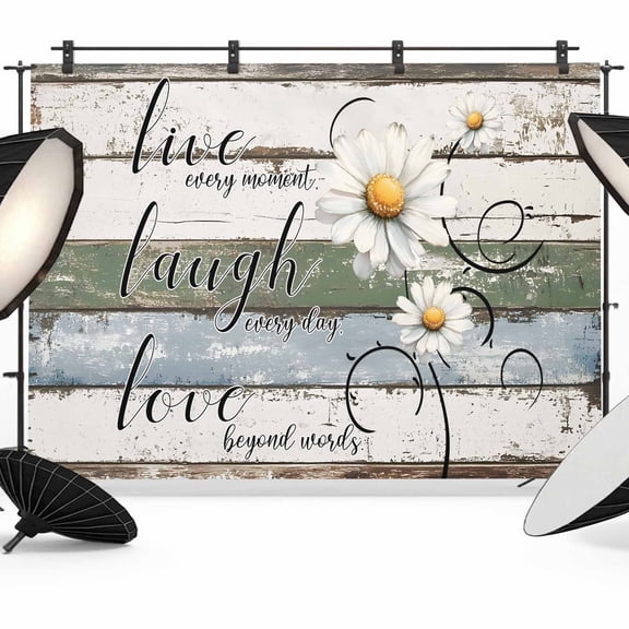 7x5ft Photo Backdrop, White Green Blue Soft Polyester Backdrop Curtains Photography Backdrops, Vintage Wooden Rustic White Daisy Floral Brushed Background for Photoshoots Studio Portrait Parties