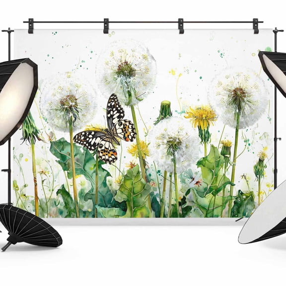 7x5ft Photo Backdrop, Wild Dandelions Soft Polyester Backdrop Curtains Photography Backdrops, Botanical Green Butterfly Meadow Scene Brushed Background for Photoshoots Studio Video Portrait Parties
