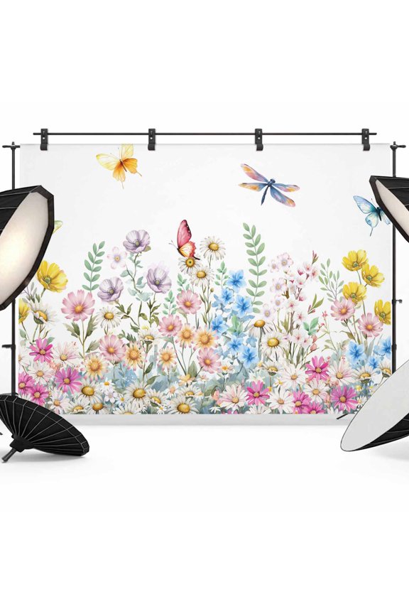 7x5ft Photo Backdrop, Wildflowers Soft Polyester Backdrop Curtains Photography Backdrops, Farmhouse Country Dragonfly Butterfly Floral Brushed Background for Photoshoots Studio Video Portrait Parties