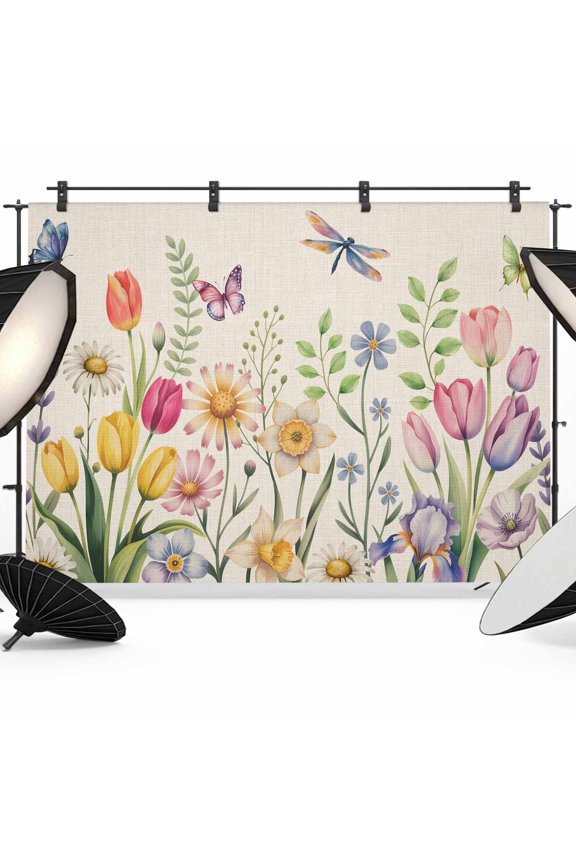 7x5ft Photo Backdrop, Wildflowers Soft Polyester Backdrop Curtains Photography Backdrops, Spring Vintage Tulip Butterfly Floral Leaf Brushed Background for Photoshoots Studio Video Portrait Parties