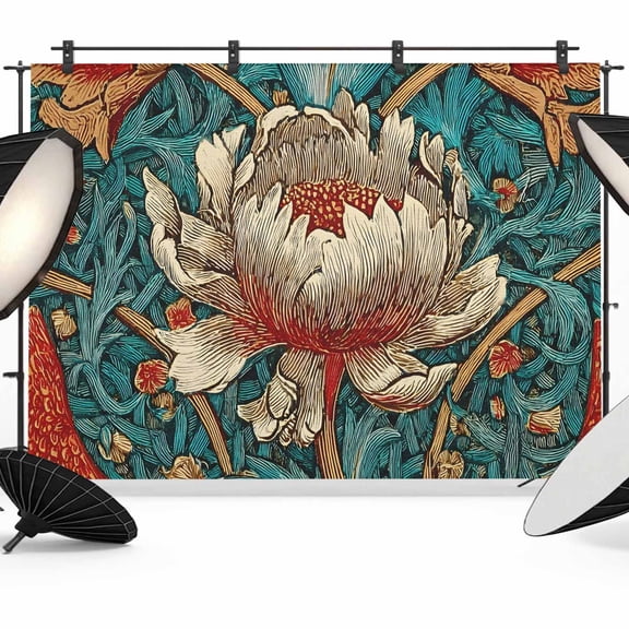 7x5ft Photo Backdrop, William Morris Plant Floral Soft Polyester Backdrop Curtains Photography Backdrops, Retro Lotus Flower Leaves Brushed Background for Photoshoots Studio Video Portrait Parties
