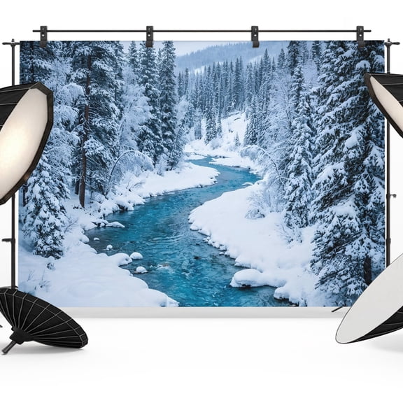7x5ft Photo Backdrop, Winter Snowy River Soft Polyester Backdrop Curtains Photography Backdrops, Nature Pine Trees Forest Snowy Scenery Brushed Background for Photoshoots Studio Video Portrait Party