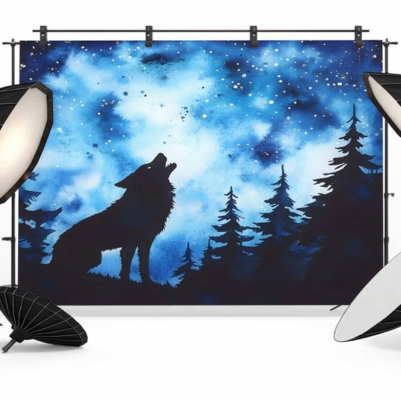 7x5ft Photo Backdrop, Wolf Black Silhouette Soft Polyester Backdrop Curtains Photography Backdrops, Forest Starry Night Brushed Background for Photoshoots Studio Video Portrait Parties
