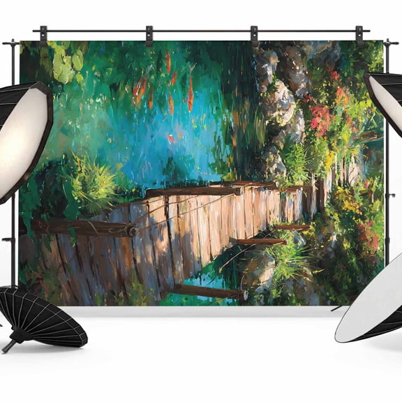 7x5ft Photo Backdrop, Wooden Bridge Pond Soft Polyester Backdrop Curtains Photography Backdrops, Spring Floral Fish Brushed Background for Photoshoots Studio Video Portrait Parties