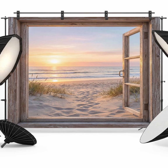 7x5ft Photo Backdrop, Wooden Window Coastal Soft Polyester Backdrop Curtains Photography Backdrops, Seaside Summer Beach Sunset Brushed Background for Photoshoots Studio Video Portrait Parties