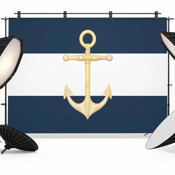 7x5ft Photo Backdrop, Yellow Anchor Nautical Soft Polyester Backdrop Curtains Photography Backdrops, Navy Blue White Striped Brushed Background for Photoshoots Studio Video Portrait Parties