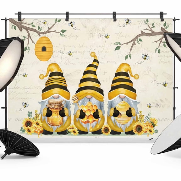 7x5ft Photo Backdrop, Yellow Bees Gnomes Soft Polyester Backdrop Curtains Photography Backdrops, Spring Floral Branches Sunflower Brushed Background for Photoshoots Studio Video Portrait Parties
