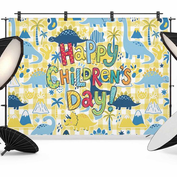 7x5ft Photo Backdrop, Yellow Blue Dinosaur Soft Polyester Backdrop Curtains Photography Backdrops, Palm Trees Mountains Checkered Brushed Background for Photoshoots Studio Video Portrait Parties