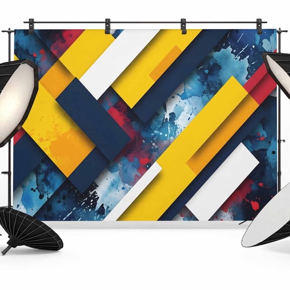 7x5ft Photo Backdrop, Yellow Blue Red Geometric Soft Polyester Backdrop Curtains Photography Backdrops, Modern Color Splash Brushed Background for Photoshoots Studio Video Portrait Parties