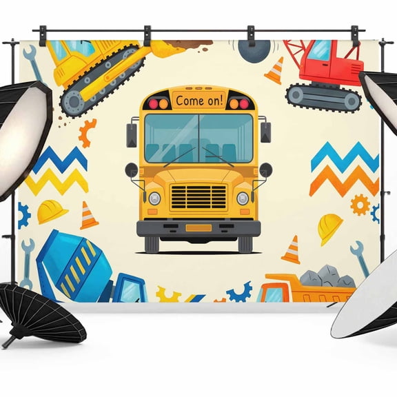 7x5ft Photo Backdrop, Yellow Cartoon Truck Soft Polyester Backdrop Curtains Photography Backdrops, Cute Engineering Vehicle Brushed Background for Photoshoots Studio Video Portrait Parties