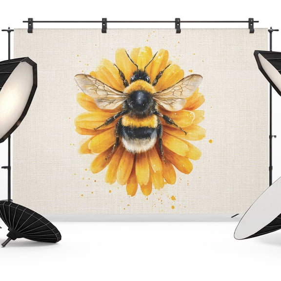 7x5ft Photo Backdrop, Yellow Floral Bee Soft Polyester Backdrop Curtains Photography Backdrops, Summer Botanical Flowers Rustic Brushed Background for Photoshoots Studio Video Portrait Parties