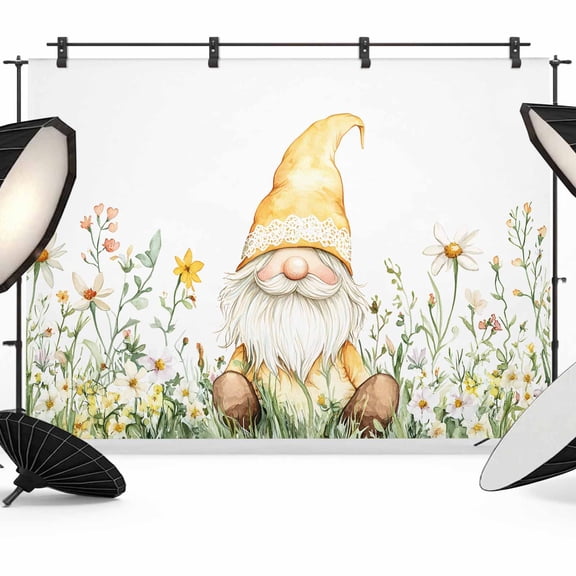 7x5ft Photo Backdrop, Yellow Gnomes Soft Polyester Backdrop Curtains Photography Backdrops, Farmhouse Spring Floral Watercolor Brushed Background for Photoshoots Studio Video Portrait Parties