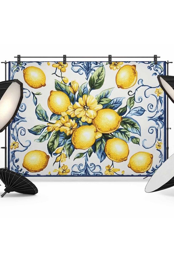 7x5ft Photo Backdrop, Yellow Lemon Soft Polyester Backdrop Curtains Photography Backdrops, Middle Century Blue Italian Textured Brushed Background for Photoshoots Studio Video Portrait Parties