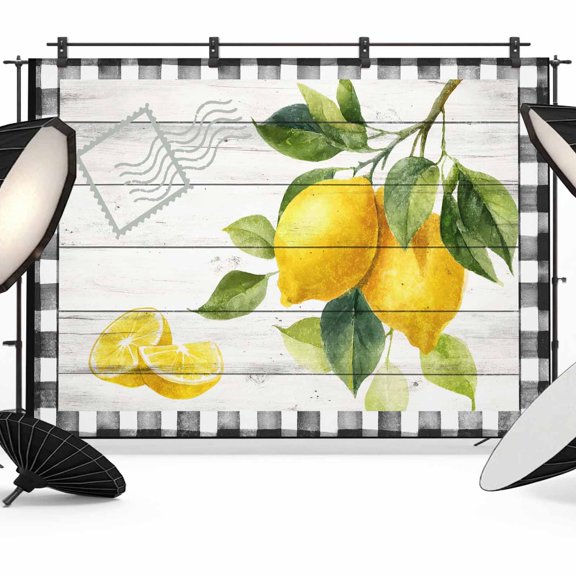 7x5ft Photo Backdrop, Yellow Lemon Soft Polyester Backdrop Curtains Photography Backdrops, Summer Botanical Black White Checkered Wooden Brushed Background for Photoshoots Studio Portrait Parties