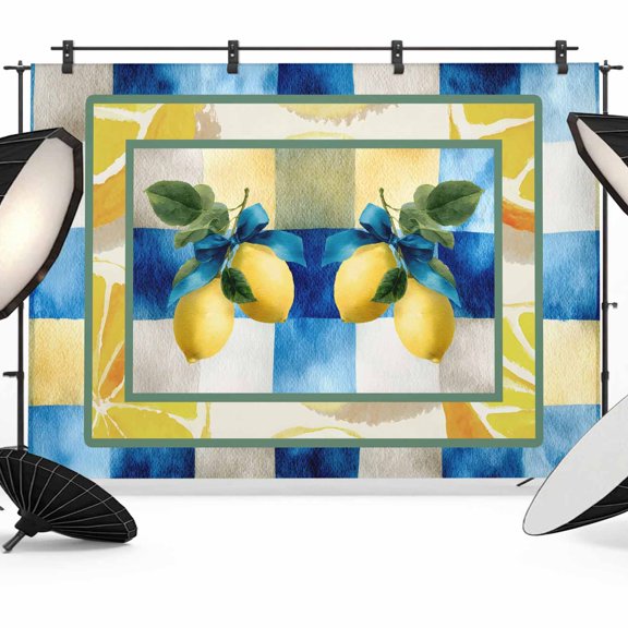 7x5ft Photo Backdrop, Yellow Lemon Soft Polyester Backdrop Curtains Photography Backdrops, Summer Botanical Fruit Branch Blue Plaid Brushed Background for Photoshoots Studio Video Portrait Parties