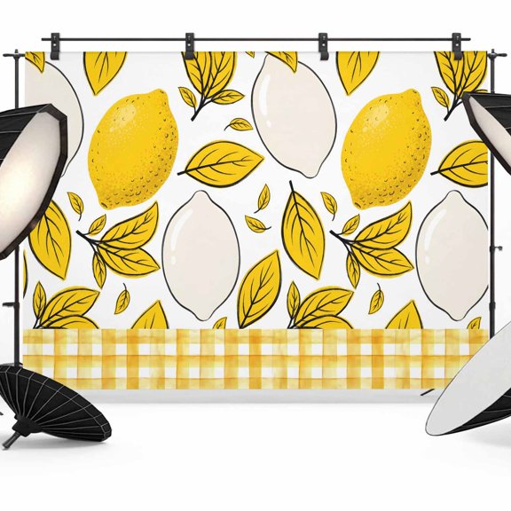 7x5ft Photo Backdrop, Yellow Lemon Soft Polyester Backdrop Curtains Photography Backdrops, Summer Botanical Leaves Plaid Brushed Background for Photoshoots Studio Video Portrait Parties