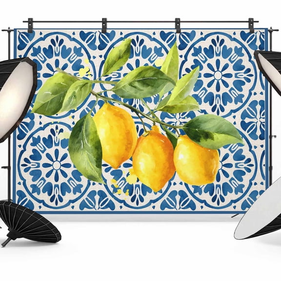7x5ft Photo Backdrop, Yellow Lemon Soft Polyester Backdrop Curtains Photography Backdrops, Summer Country Fruits Italian Style Blue Brushed Background for Photoshoots Studio Video Portrait Parties