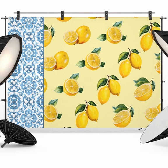 7x5ft Photo Backdrop, Yellow Lemon Soft Polyester Backdrop Curtains Photography Backdrops, Summer Country Italian Style Flowers Blue Brushed Background for Photoshoots Studio Video Portrait Parties