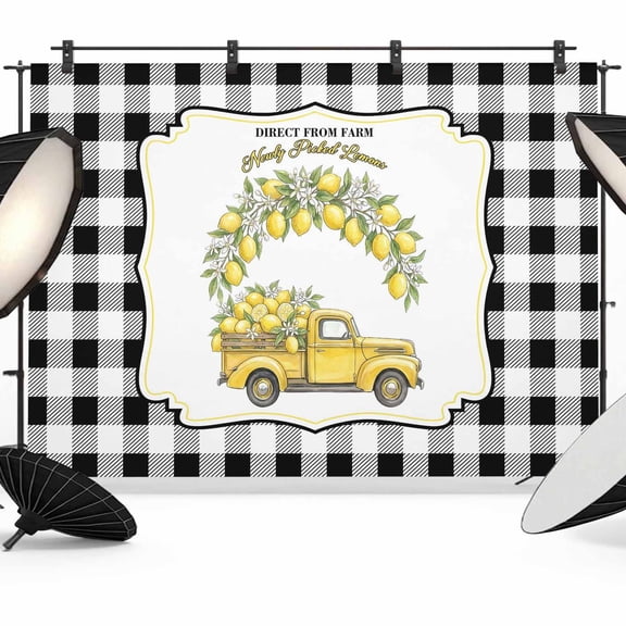 7x5ft Photo Backdrop, Yellow Lemon Soft Polyester Backdrop Curtains Photography Backdrops, Summer Country Truck Floral Botanical Black Plaid Brushed Background for Photoshoots Studio Video Portrait