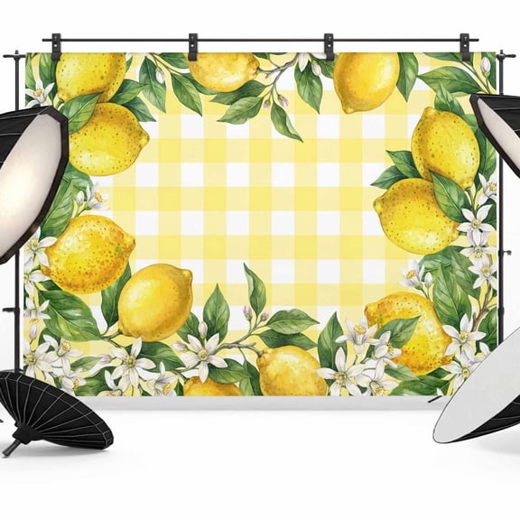 7x5ft Photo Backdrop, Yellow Lemon Soft Polyester Backdrop Curtains Photography Backdrops, Summer Floral Fruit Leaves Botanical Grid Brushed Background for Photoshoots Studio Video Portrait Parties