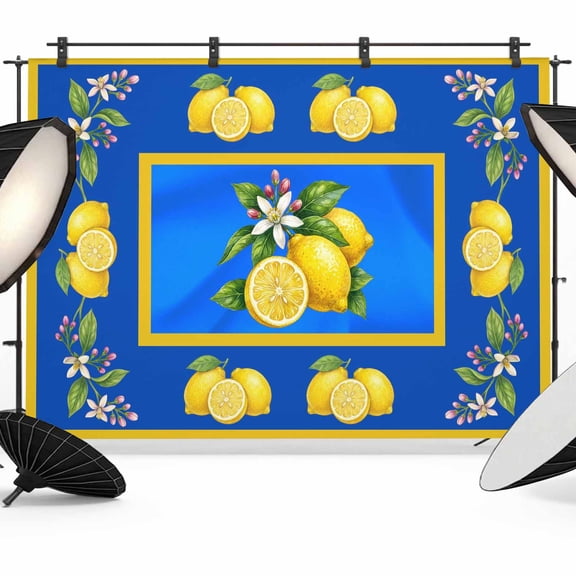 7x5ft Photo Backdrop, Yellow Lemons Soft Polyester Backdrop Curtains Photography Backdrops, Summer Botanical Blue Modern Art Brushed Background for Photoshoots Studio Video Portrait Parties