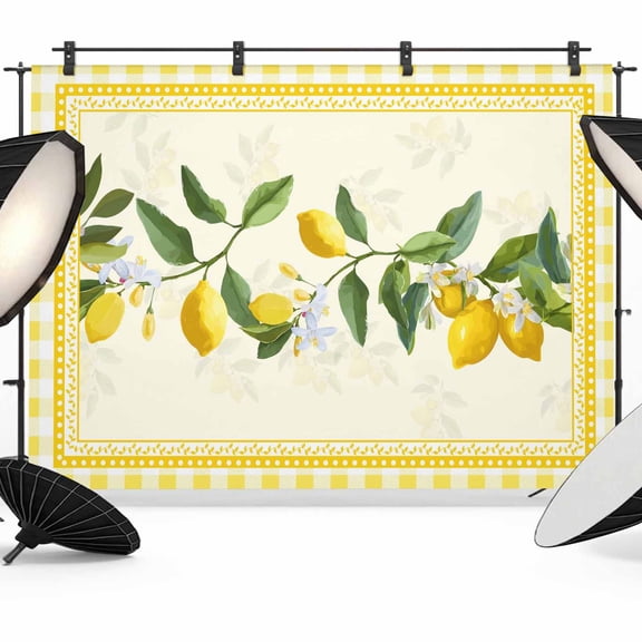 7x5ft Photo Backdrop, Yellow Lemons Soft Polyester Backdrop Curtains Photography Backdrops, Summer Botanical Checkered Farmhouse Brushed Background for Photoshoots Studio Video Portrait Parties