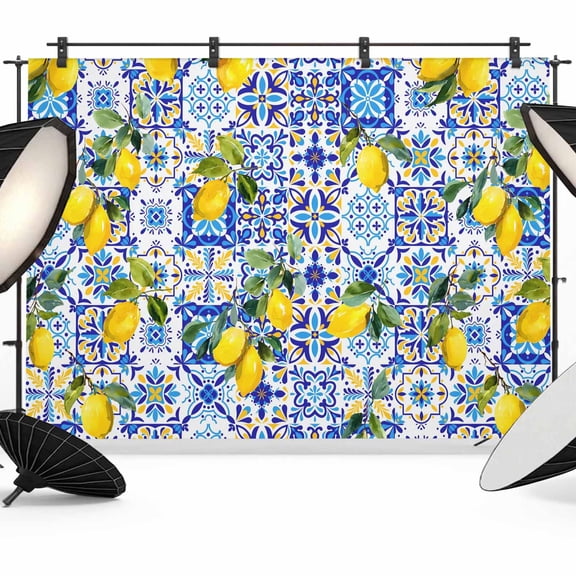 7x5ft Photo Backdrop, Yellow Lemons Soft Polyester Backdrop Curtains Photography Backdrops, Summer Watercolor Modern Blue Nation Plaid Brushed Background for Photoshoots Studio Video Portrait Parties