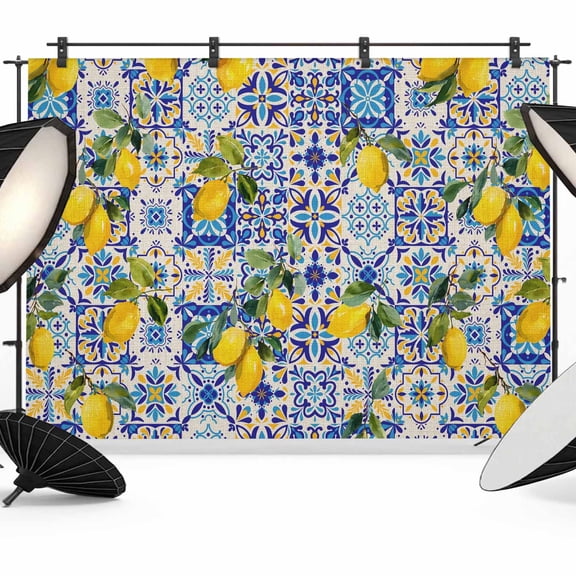 7x5ft Photo Backdrop, Yellow Lemons Soft Polyester Backdrop Curtains Photography Backdrops, Summer Watercolor Vintage Blue Nation Plaid Brushed Background for Photoshoots Studio Video Portrait Party