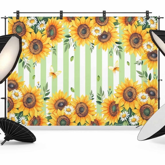 7x5ft Photo Backdrop, Yellow Spring Sunflowers Soft Polyester Backdrop Curtains Photography Backdrops, Light Green Striped Country Brushed Background for Photoshoots Studio Video Portrait Parties