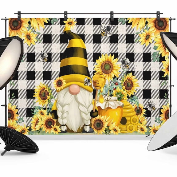 7x5ft Photo Backdrop, Yellow Sunflower Soft Polyester Backdrop Curtains Photography Backdrops, Spring Summer Bee Gnomes Black Plaid Brushed Background for Photoshoots Studio Video Portrait Parties