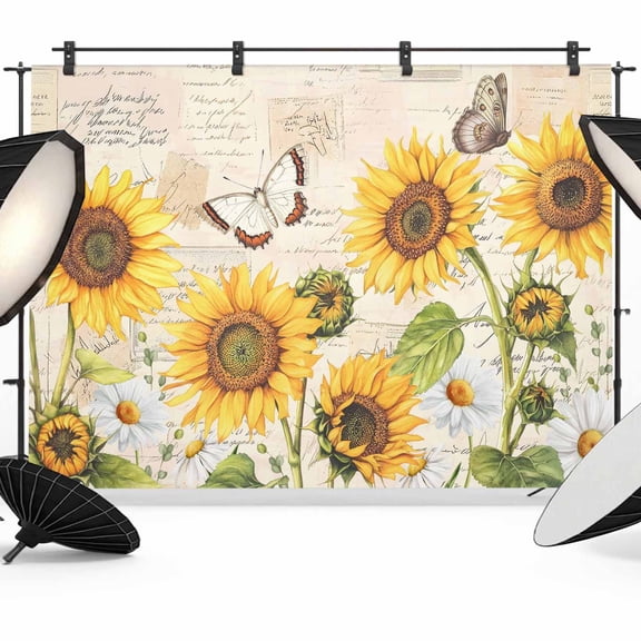 7x5ft Photo Backdrop, Yellow Sunflowers Soft Polyester Backdrop Curtains Photography Backdrops, Country Farm Butterfly Flower Light Beige Brushed Background for Photoshoots Studio Portrait Parties