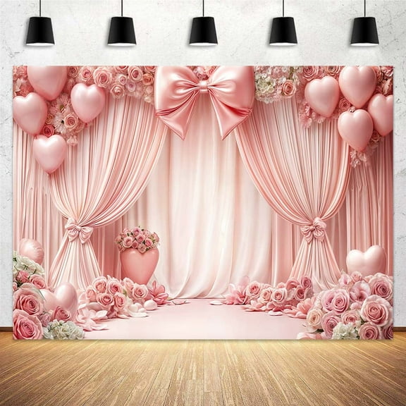 Pink Coquette Floral Photography Backdrop with Bow & Balloons, Girls Birthday Wedding Bachelorette Party Decor, 7x5ft