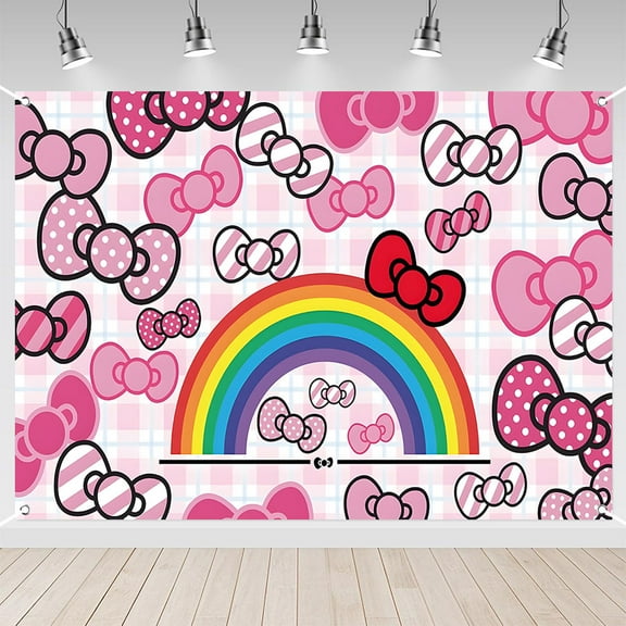 7x5ft Pink Bow Theme Birthday Backdrop Rainbow and Bows Pattern Party Photo Background for Girls