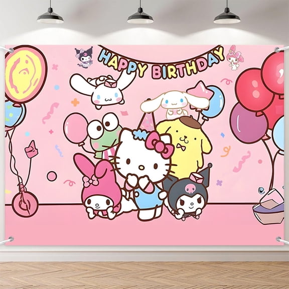 7x5ft Pink Cartoon Cat Frog Pup Balloon Birthday Backdrop for Girl