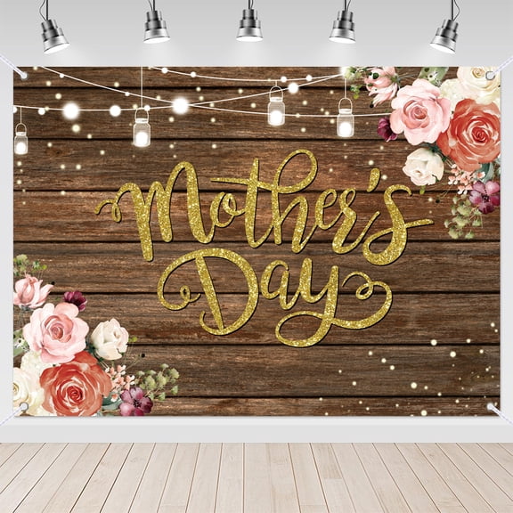 7x5ft Pink Floral Brown Wood Happy Mothers Day Birthday Backdrop