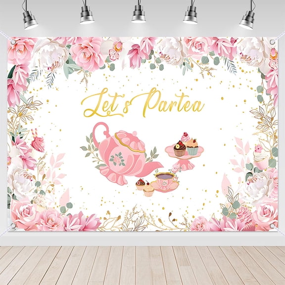 7x5ft Pink Floral Let's Partea Backdrop for Tea Party and Bridal Shower