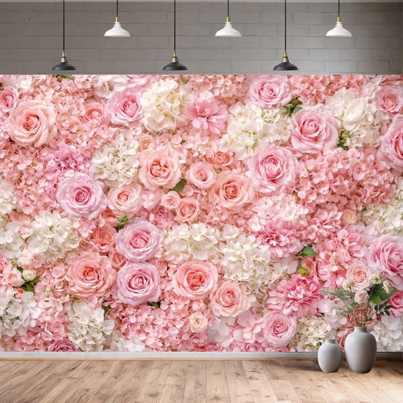 7x5ft Pink Floral Wall Backdrop, Blush Rose & Hydrangea Flower Wall Photography Background for Wedding, Bridal Shower, Baby Shower, Birthday Party Decor & Photo Booth Props