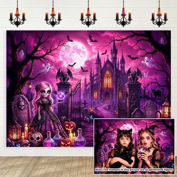 7x5ft Pink Gothic Halloween Backdrop, Cute Skeleton Witch Photography Background, Spooky Castle Moon Black Cat Photo Booth Prop for Party, Studio