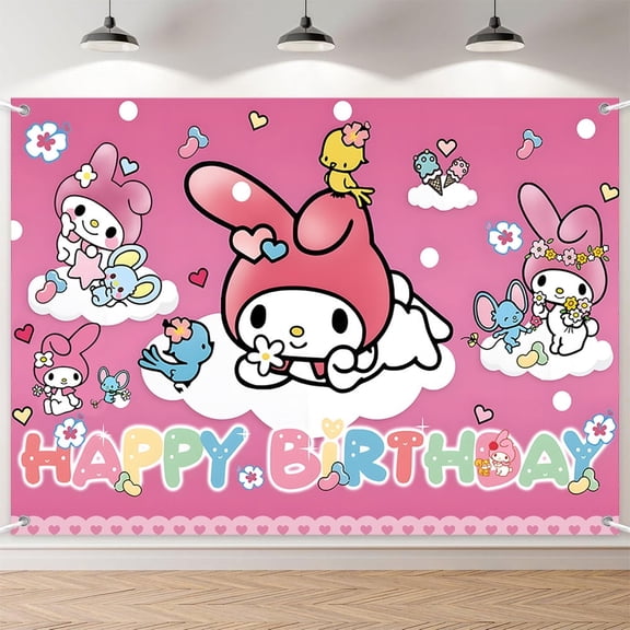 7x5ft Pink Rabbit Birdie Mouse Floral Birthday Backdrop for Girl