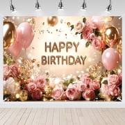 7x5ft Pink Rose and Gold Balloon Birthday Party Backdrop for Women