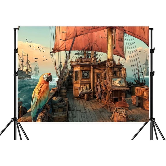 7x5ft Pirate Ship Backdrop Ocean Sailing Ship Nautical Pirates Photography Background Wooden Rudder Treasure Chests Parrot Birds Background Pirate Theme Party Decorations Banner Photo Shoot Props