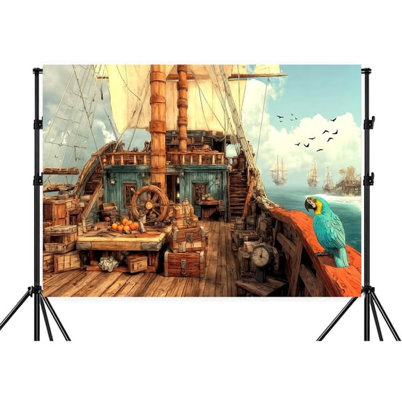 7x5ft Pirate Ship Backdrop Wooden Rudder Treasure Chests Parrot Birds Ocean Sailing Ship Nautical Pirates Photography Background Pirate Theme Party Decorations Background Banner Photo Shoot Props